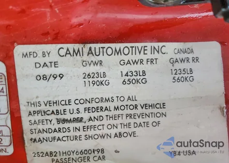 2000 Suzuki Swift Base z USA, uszkodzony, nr VIN 2S2AB21H0Y6600198